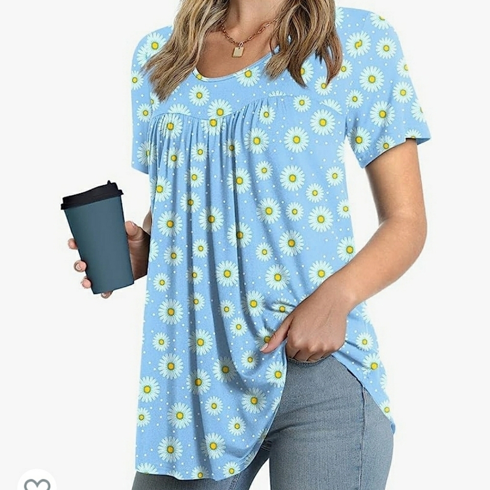 LONGYUAN Short Sleeve Tunic Blouse in Blue Daisy Size M
